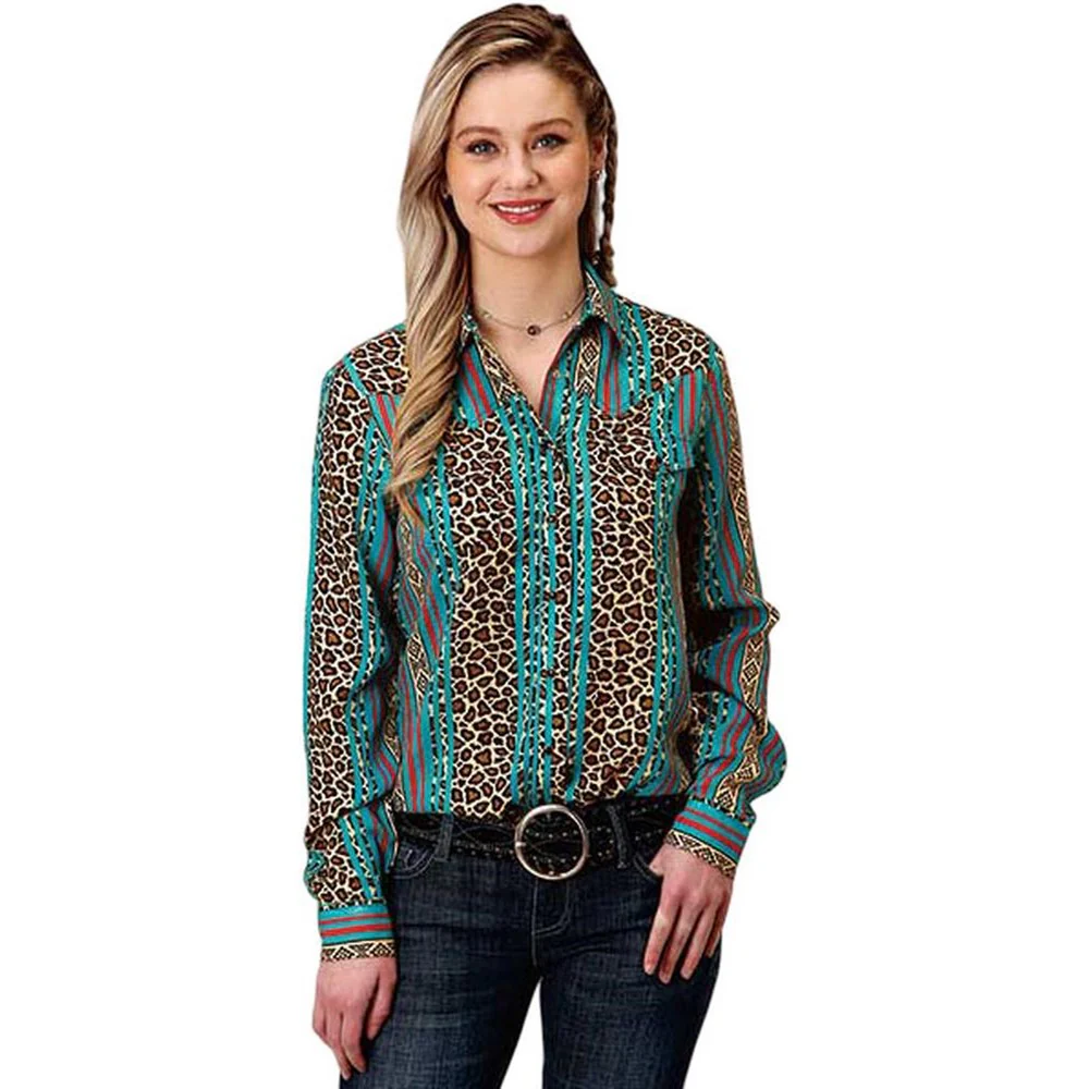Roper - Womens Winter I Five Star Leopard Stripe Printed Rayon Long Sleeve Western Blouse