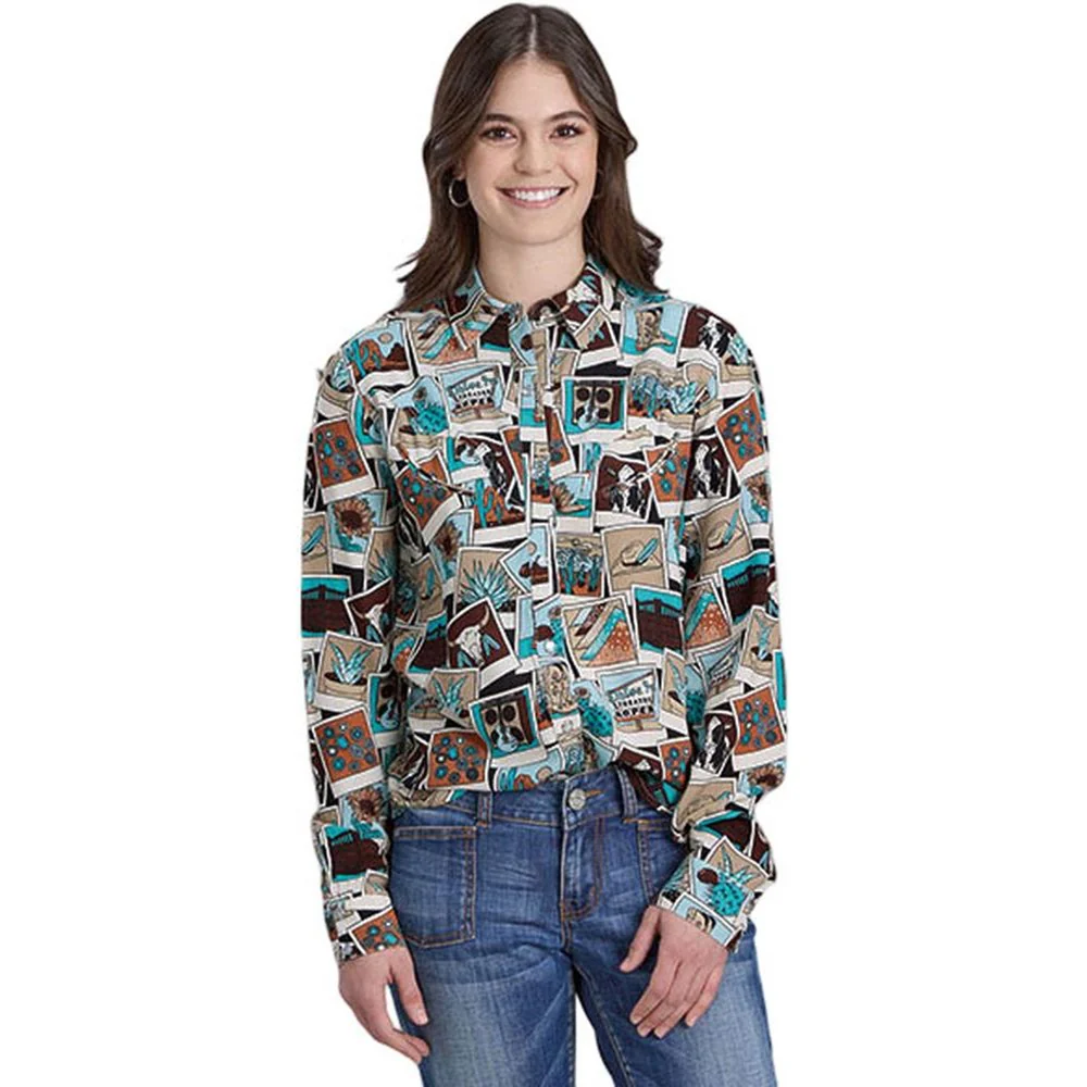 Roper - Womens Winter I Five Star Photo Collage Printed Rayon Long Sleeve Western Blouse - Image 2