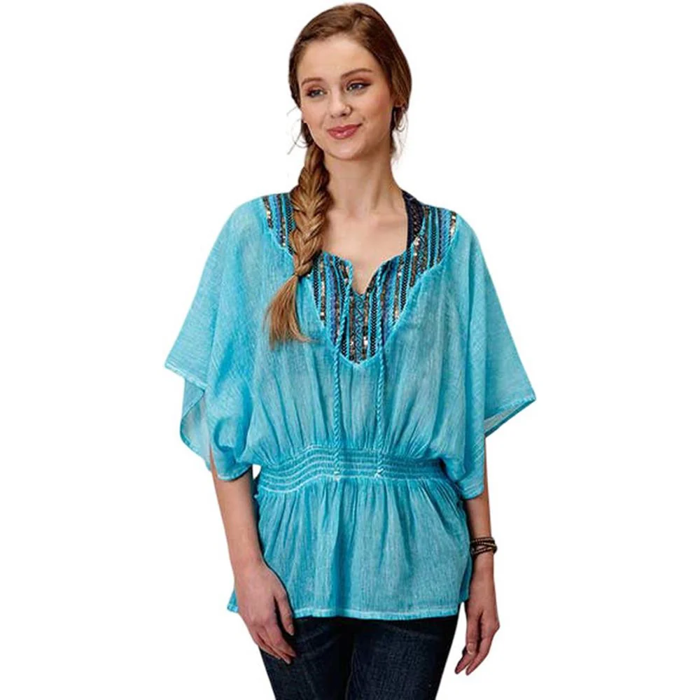Roper - Womens Winter I Five Star Turquoise Cotton Crepe Short Sleeve Peasant Top - Image 2