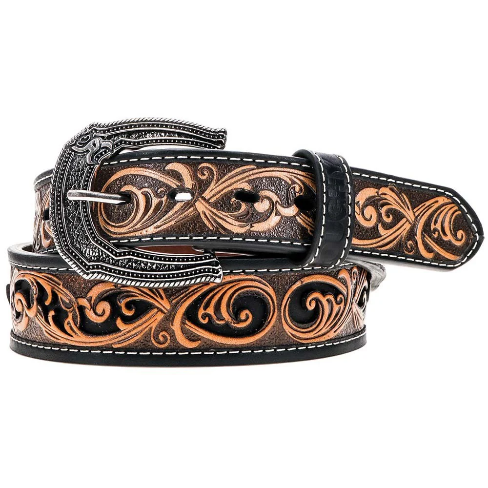 Roughy - Mens Cheatam 1.75-1.5 Tapered Hand-Tooled Filigree Belt With Cutout Inlay And Leather Accent Edge