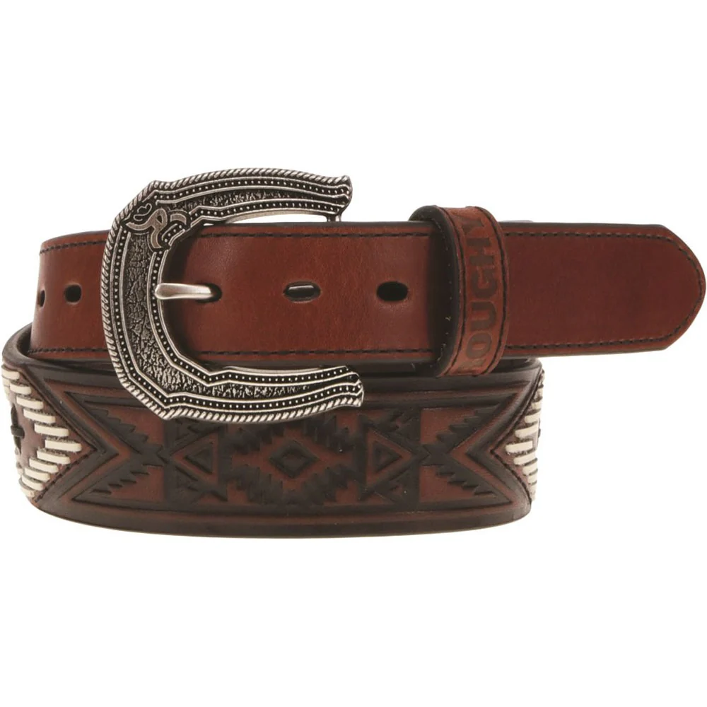 Roughy - Mens Chocktaw 1.75-1.5 Tapered Leather Aztec Embossed Belt With Hand-Laced & Accents