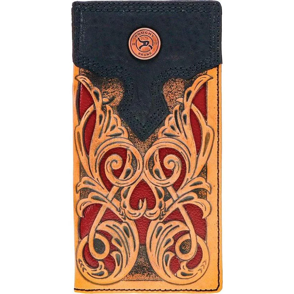 Roughy - Unisex Ryder Hand-Tooled Leather Cutout Rodeo Wallet With Leather Inlay Bullhide Leather Overlay And 1872 Concho