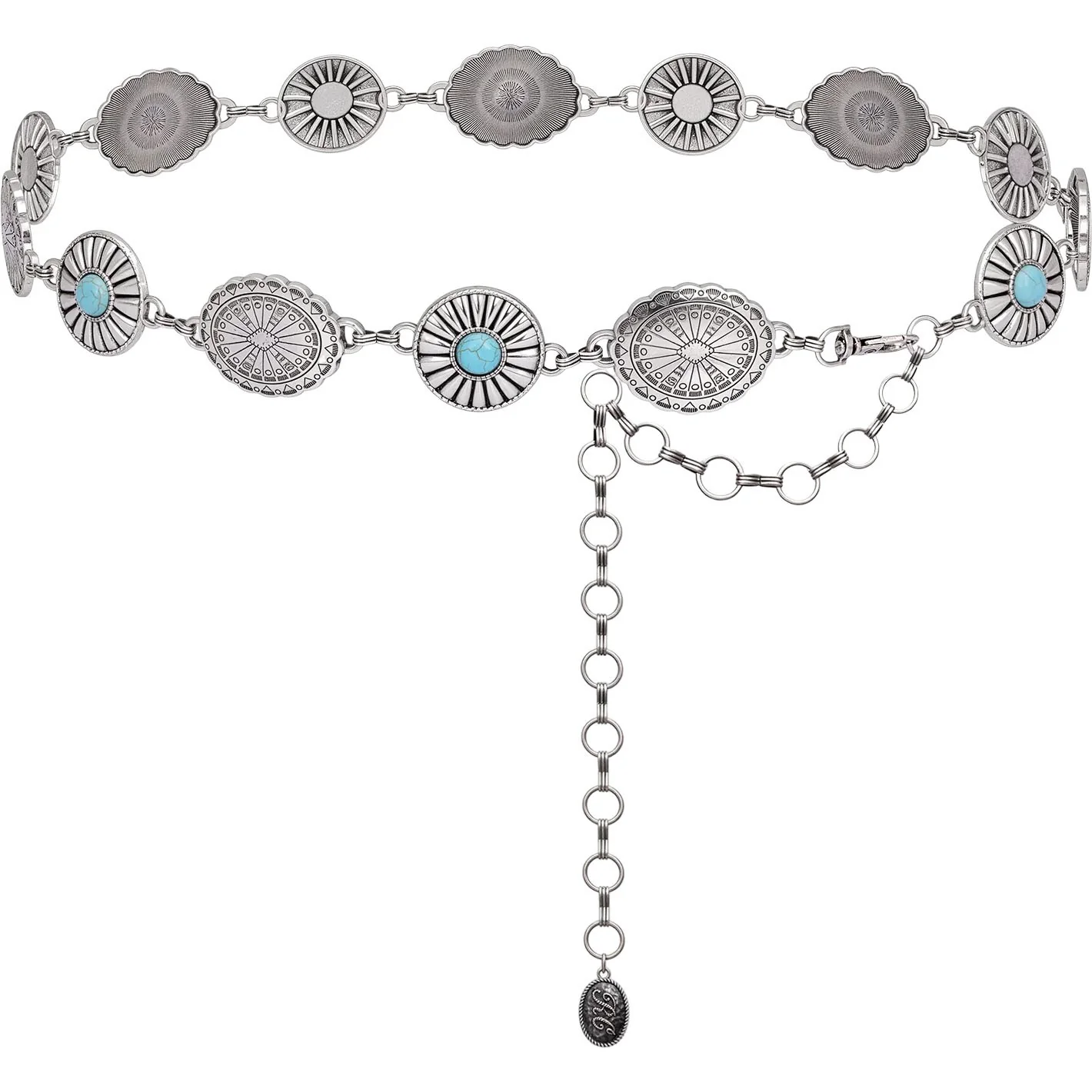 Rustic Couture - Womens Etched Oval Turquoise Stone Centered Concho Link Chain Belt