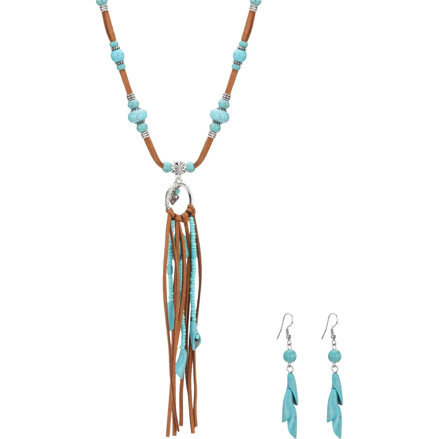 Rustic Couture - Womens Navajo Beaded Leather Tassels Turquoise/White Stone Necklace Earring Set