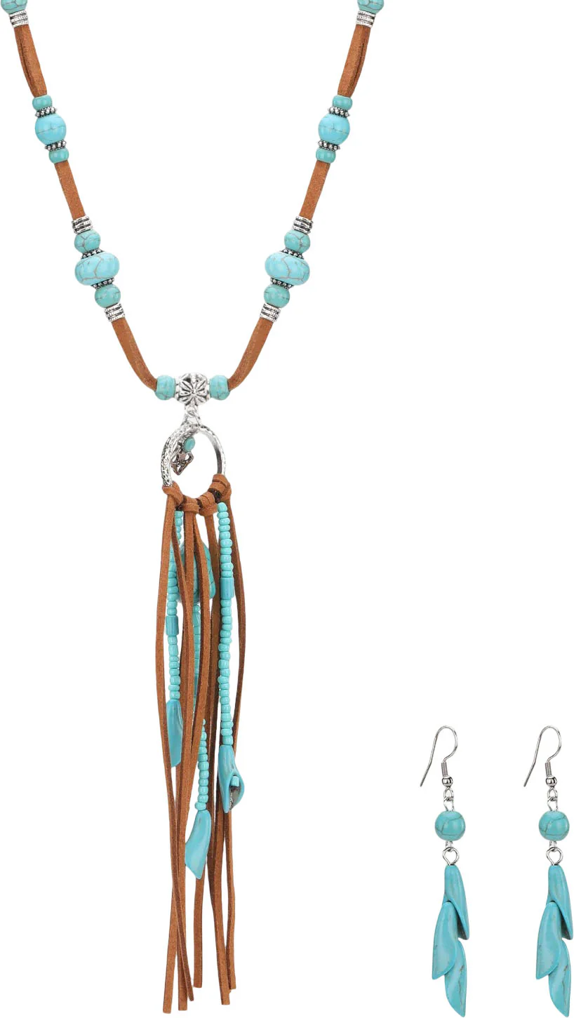 Rustic Couture - Womens Navajo Beaded Leather Tassels Turquoise/White Stone Necklace Earring Set - Image 2