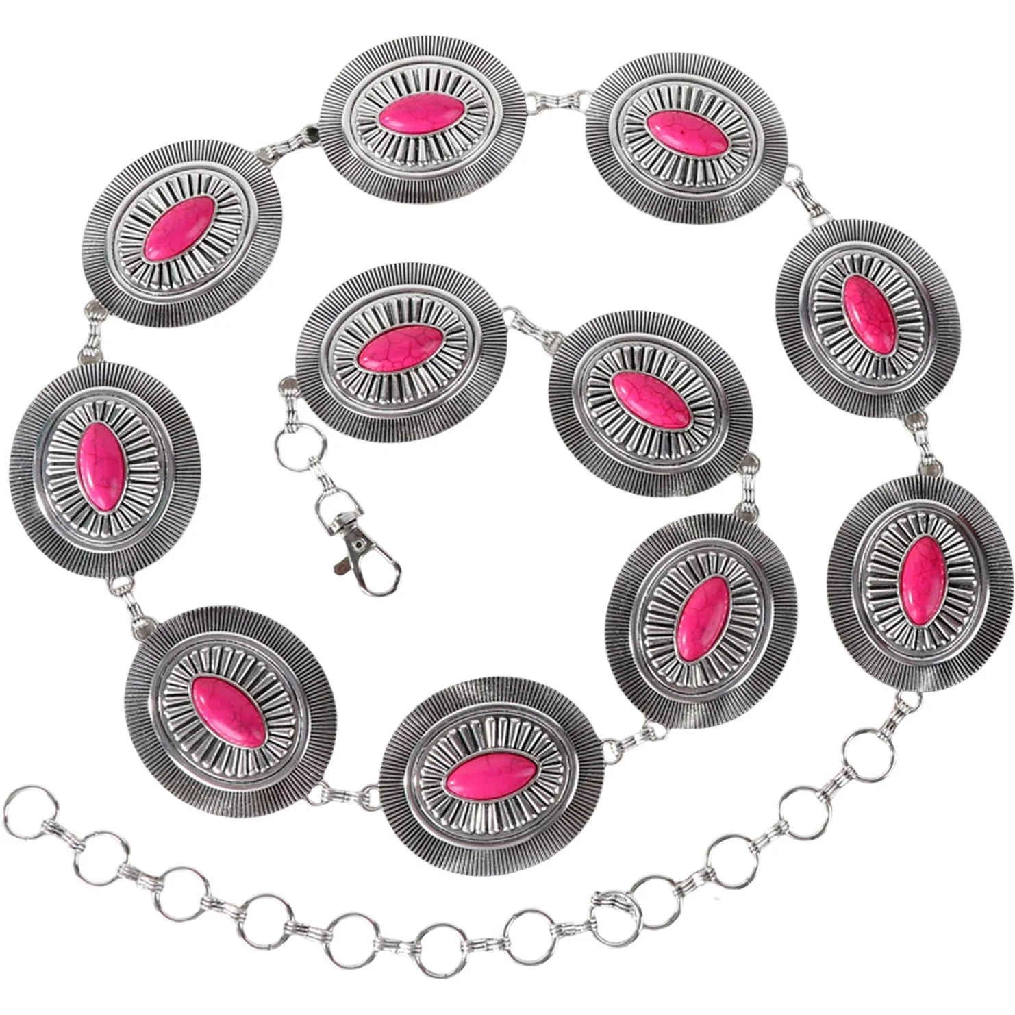 Rustic Couture - Womens Silver Oval Stone Centered Concho Link Chain Belt