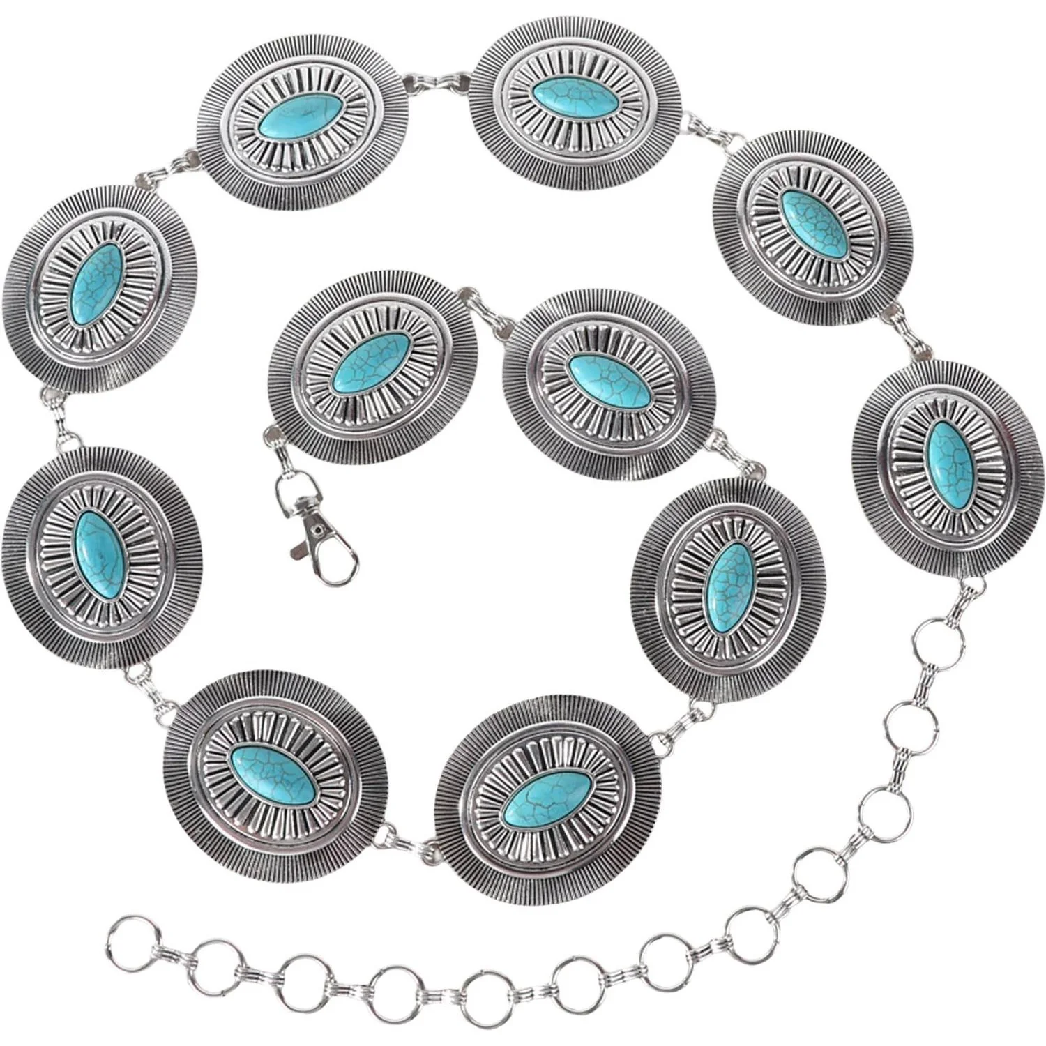 Rustic Couture - Womens Silver Oval Stone Centered Concho Link Chain Belt - Image 2