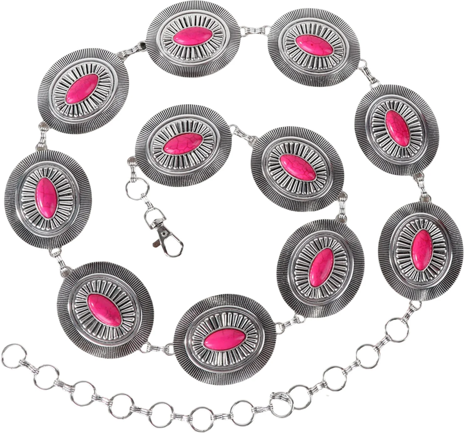 Rustic Couture - Womens Silver Oval Stone Centered Concho Link Chain Belt - Image 3