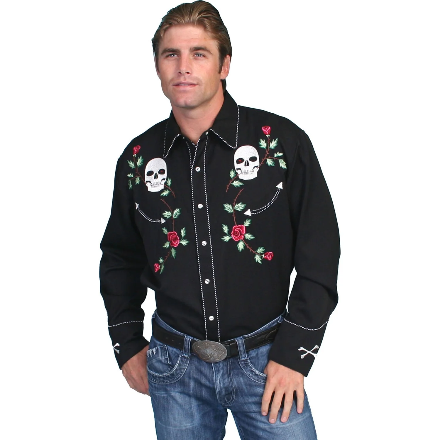 Scully - Mens Skull/Rose Embroidered Shirt - Image 3