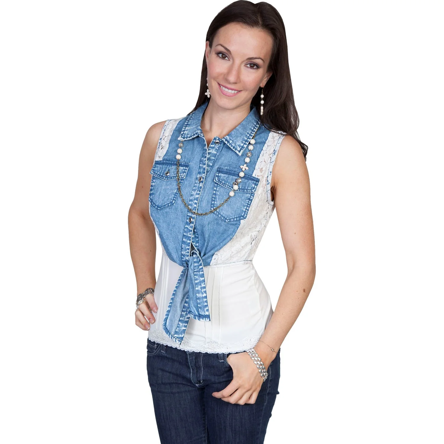 Scully - Womens Denim/Lace Tie Front Vest - Image 2