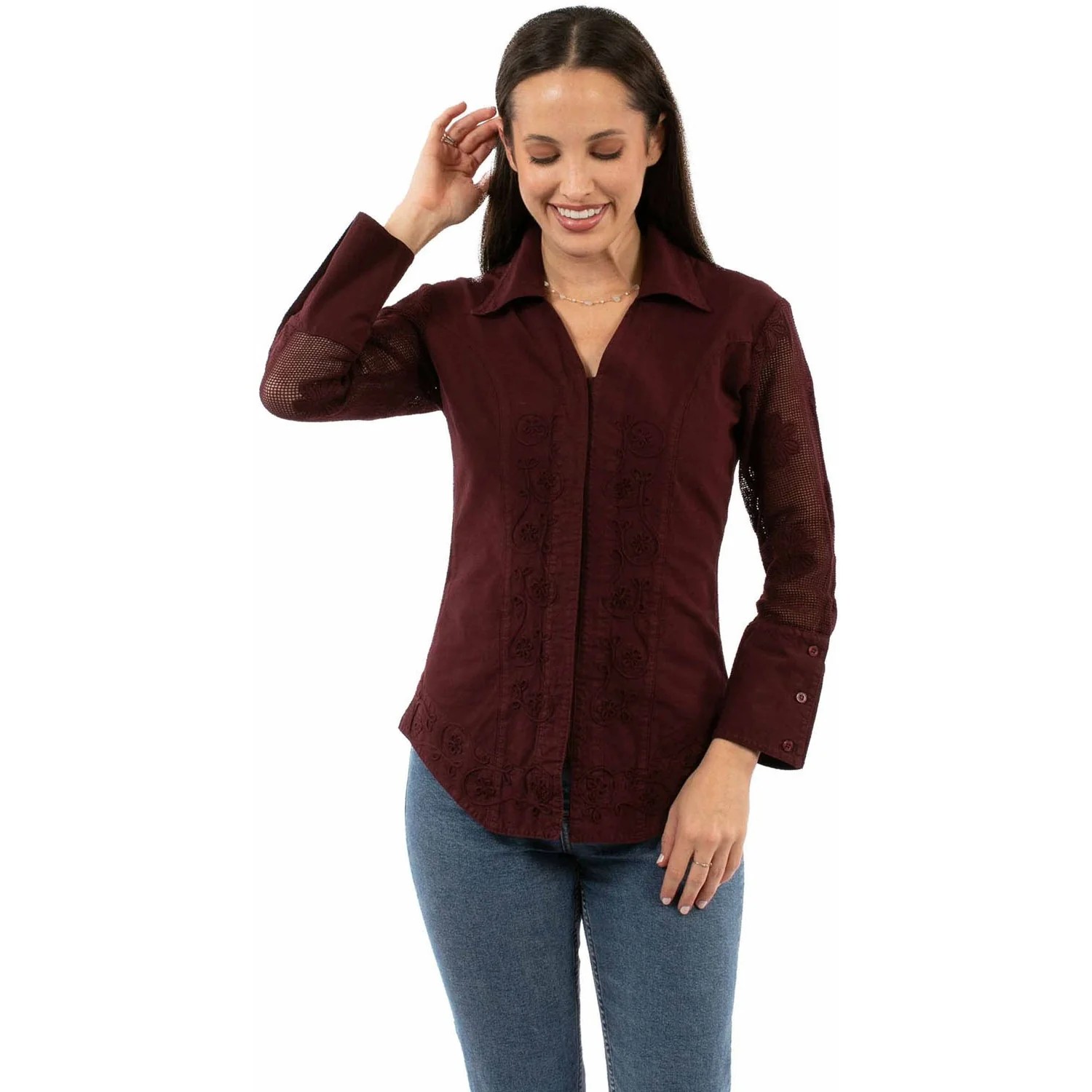 Scully - Womens Embroidery Blouse With Mesh Sleeves - Image 3