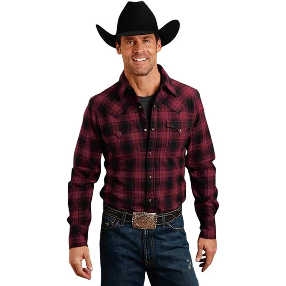 Stetson - Men Brushed Twill Plaid Long Sleeve Shirt