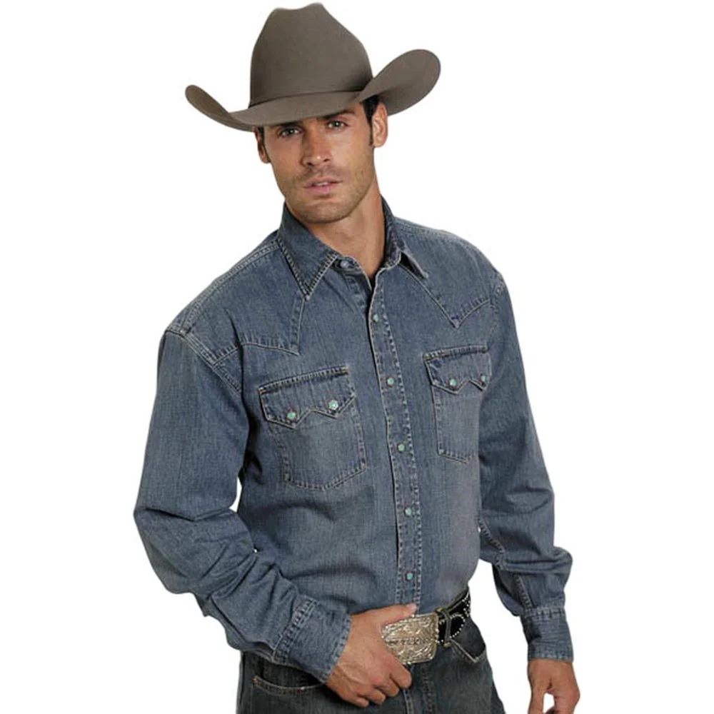Stetson - Men Turquoise Snap Western Denim Long Sleeve Shirt - Image 2