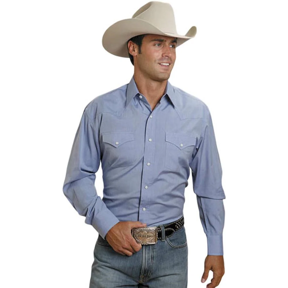 Stetson - Mens Long Sleeve Shirt Blue End On End Solid Snap Front