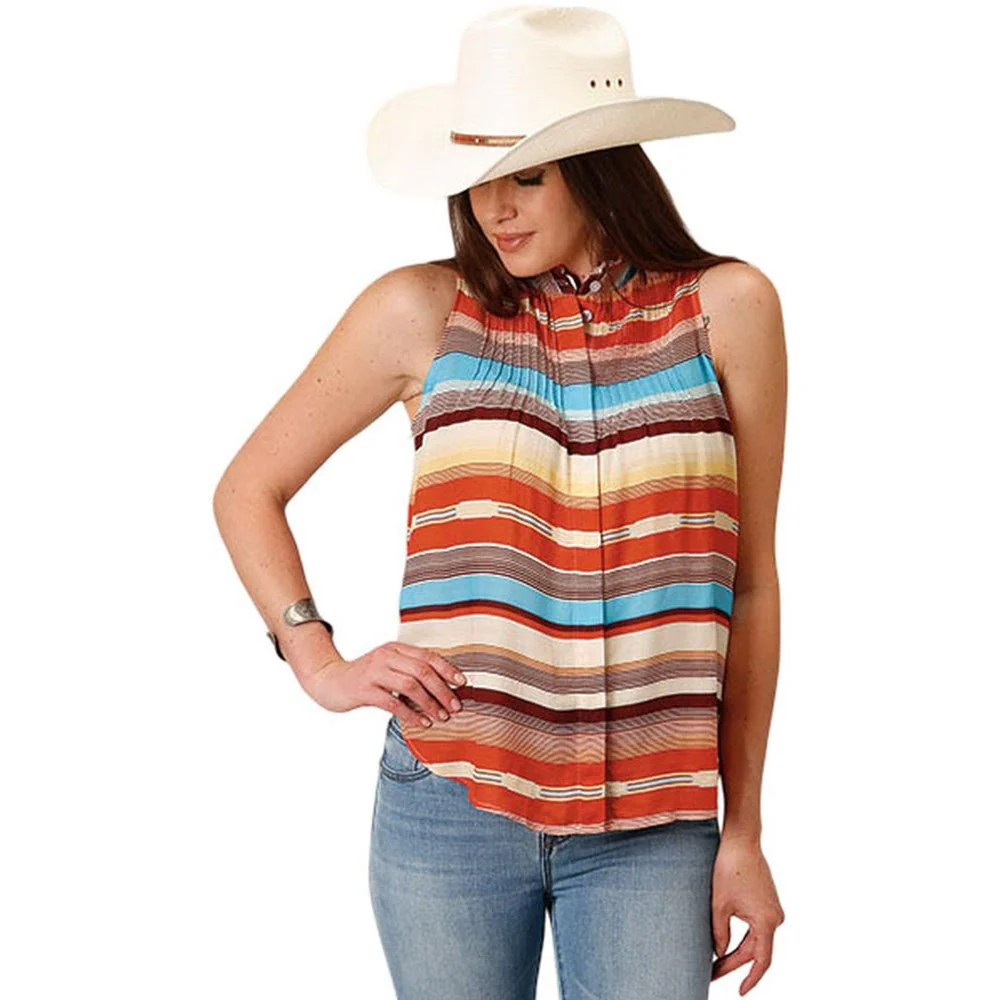 Stetson - Women Sleeveless Blouse With Ruffled Stand Collar