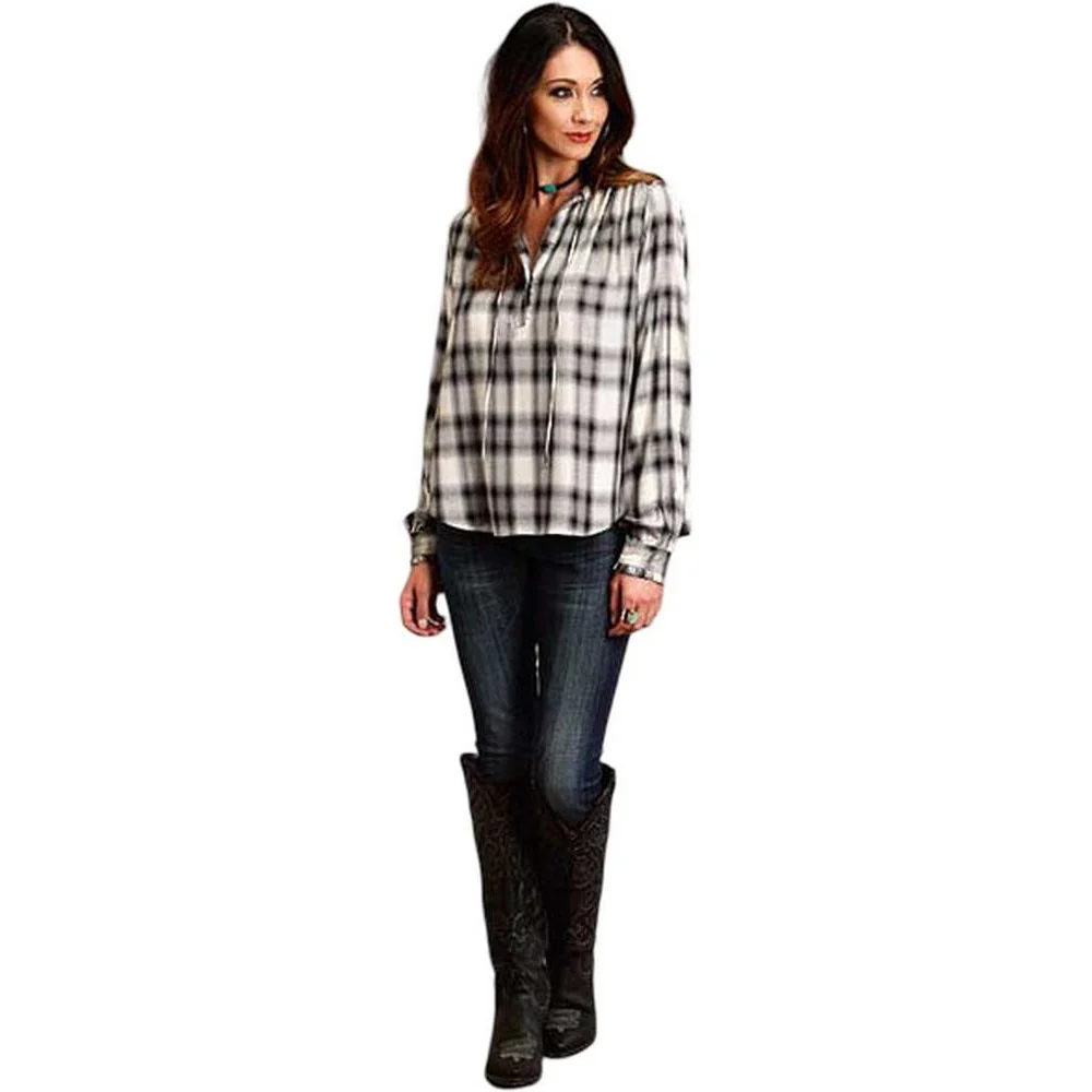 Stetson - Womens Ash Plaid Loose Peasant Long Sleeve Blouse