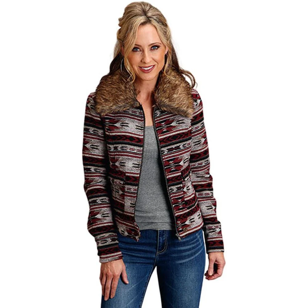 Stetson - Womens Blazer Blanket Zip Front Detachable Fur Collar