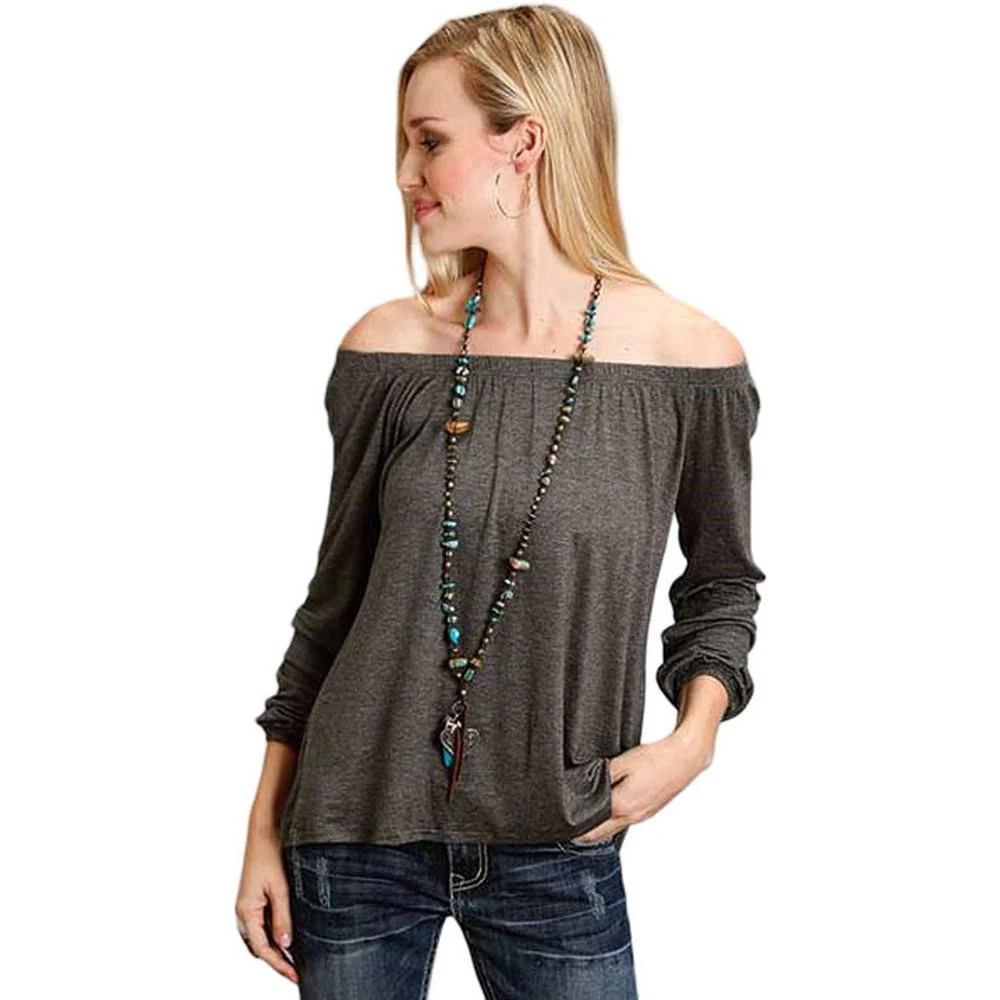 Stetson - Womens Heathered Jersey Knit Long Sleeve Off Shoulder Top