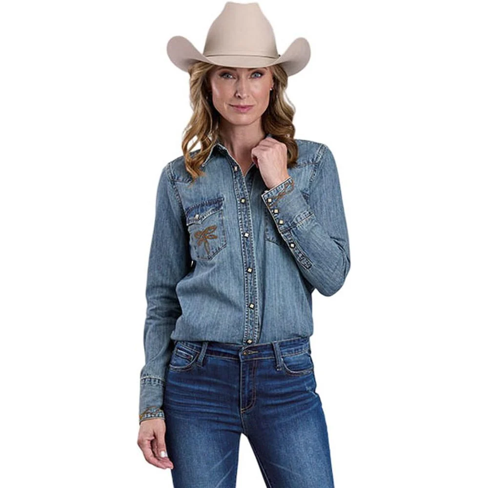 Stetson - Womens Long Sleeve Shirt Cotton Denim Western Snap Front Embroidered