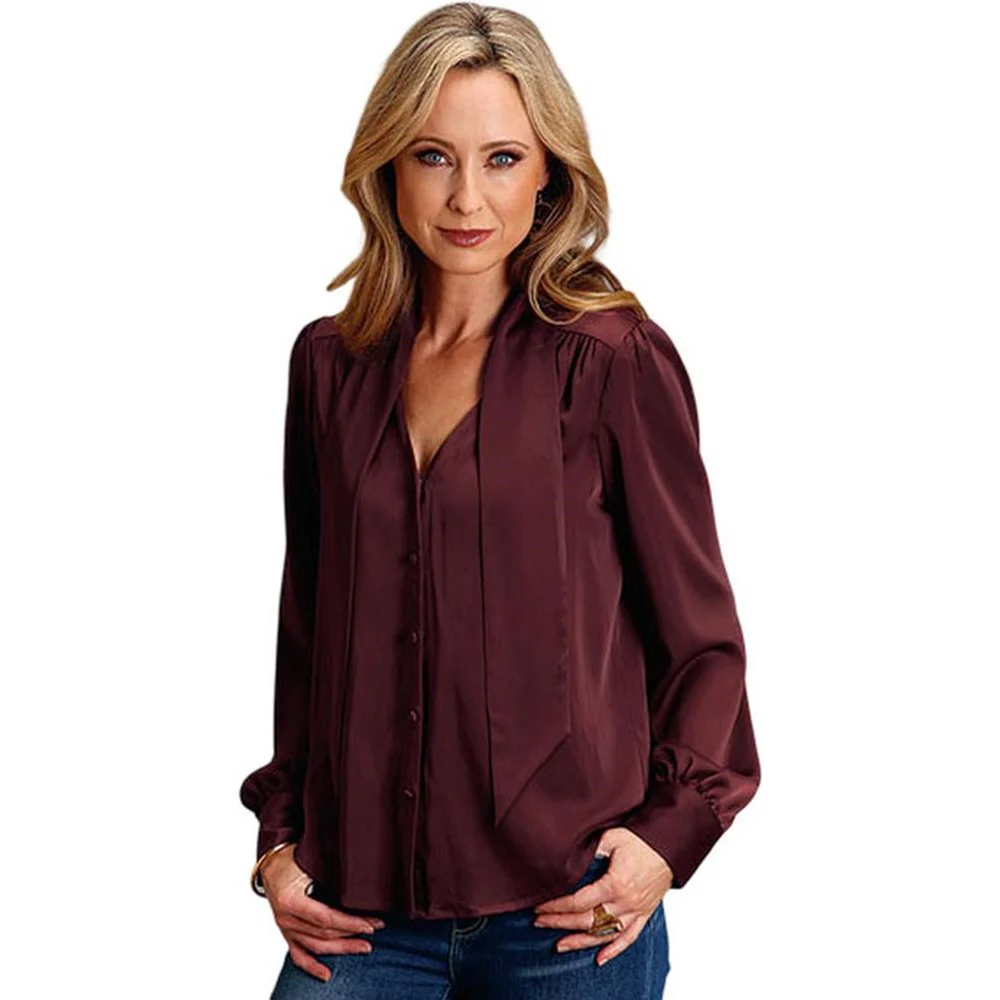 Stetson - Womens Long Sleeve Shirt Poly Rayon Satin Blouse V-Neck - Image 2