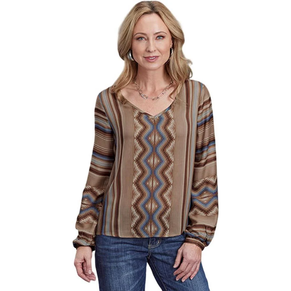 Stetson - Womens Long Sleeve Shirt Sand Serape Print Blouse V-Neck