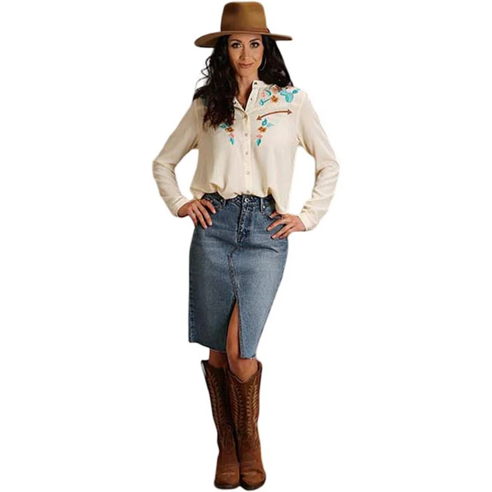 Stetson - Womens Long Sleeve Shirt Vintage Cactus Western Blouse Embroidered