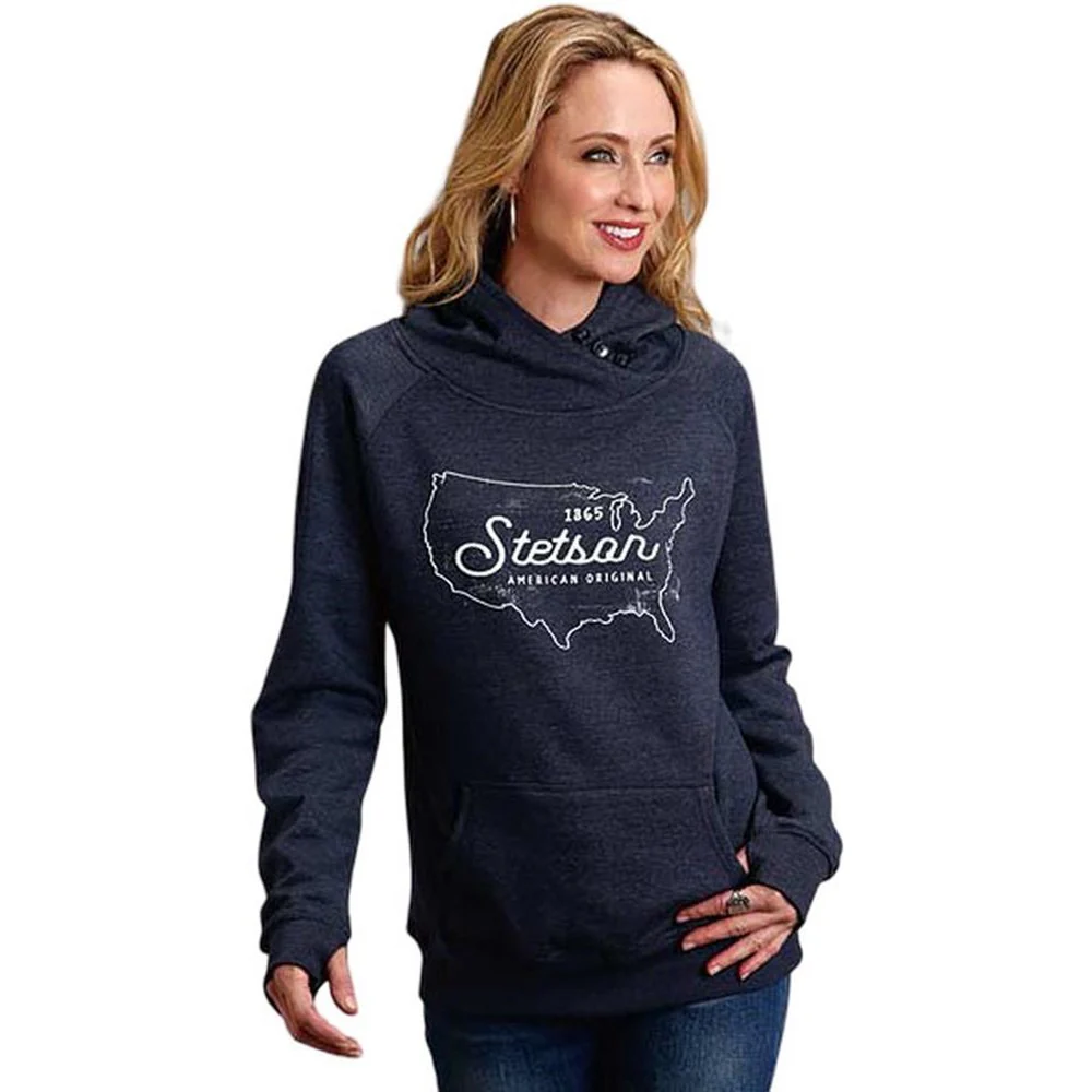 Stetson - Womens Navy Heather Fleece Hooded Sweatshirt Outerwear