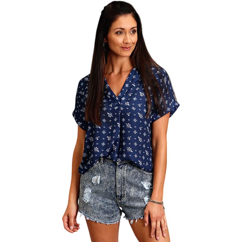 Stetson - Womens Short Sleeve Shirt Vintage Ditzy Print Poly Crepe Dolman Blouse
