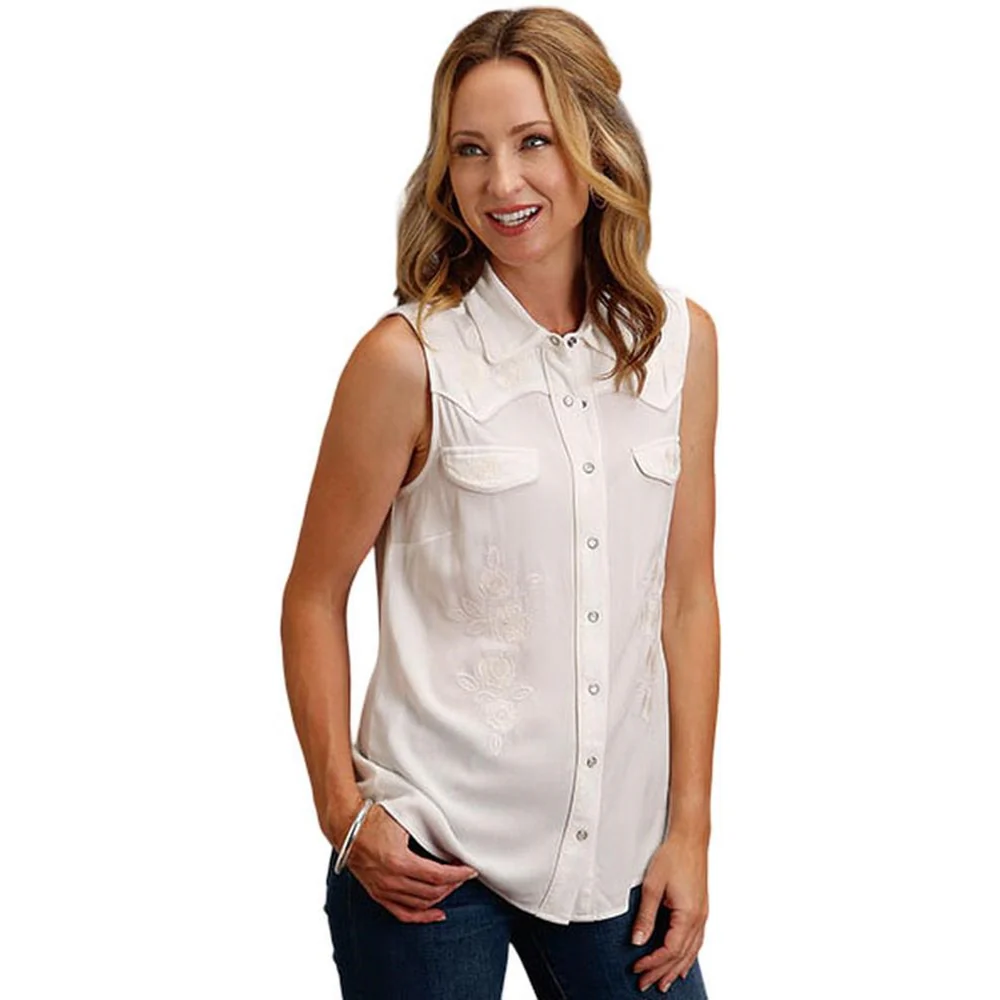 Stetson - Womens Sleeveless Shirt Rayon Crepe Western Snap Front Blouse Embroidered