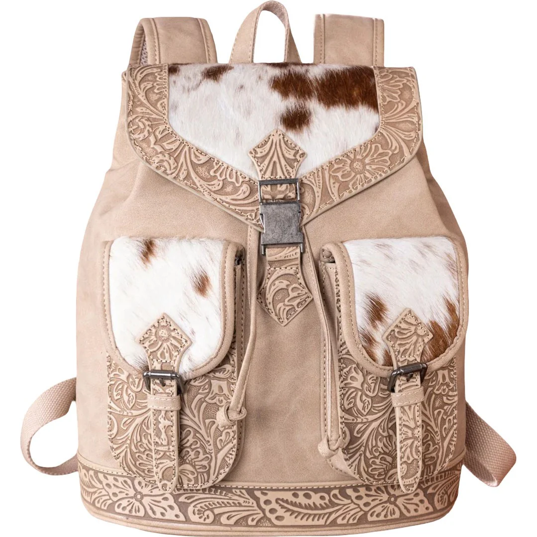 Trinity Ranch - Womens Genuine Hair-On Cowhide Tooled Backpack - Image 4