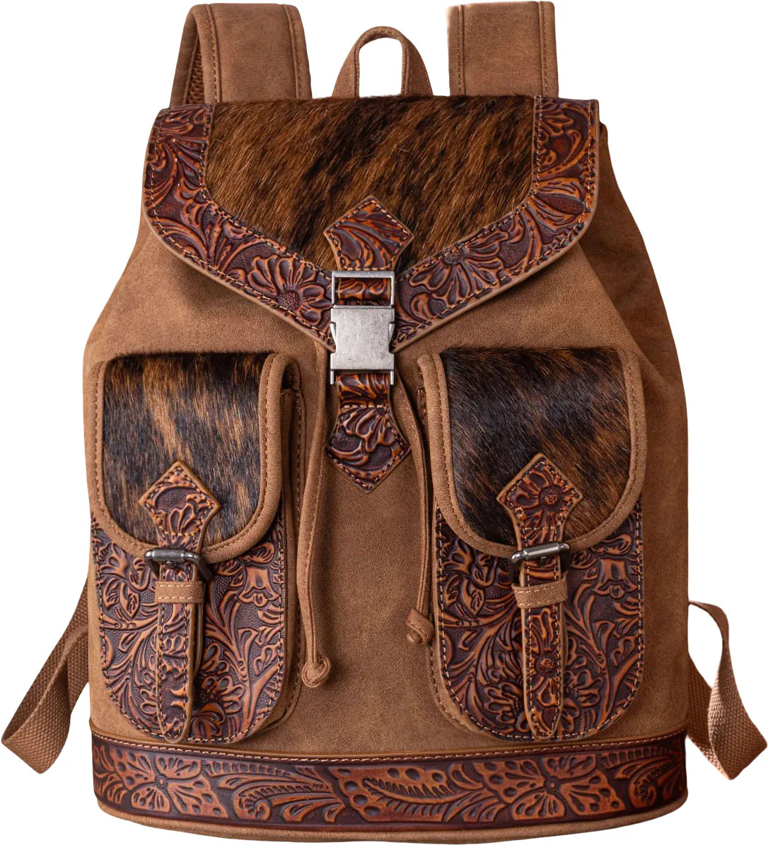 Trinity Ranch - Womens Genuine Hair-On Cowhide Tooled Backpack - Image 5