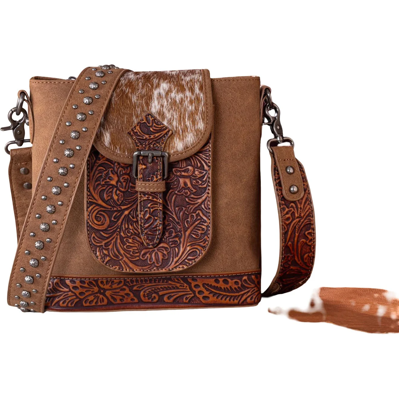 Trinity Ranch - Womens Genuine Hair-On Cowhide Tooled Concealed Carry Crossbody Bag