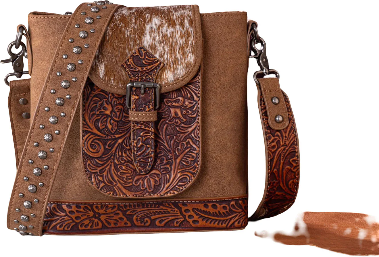 Trinity Ranch - Womens Genuine Hair-On Cowhide Tooled Concealed Carry Crossbody Bag - Image 5