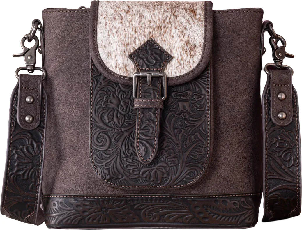 Trinity Ranch - Womens Genuine Hair-On Cowhide Tooled Concealed Carry Crossbody Bag - Image 6
