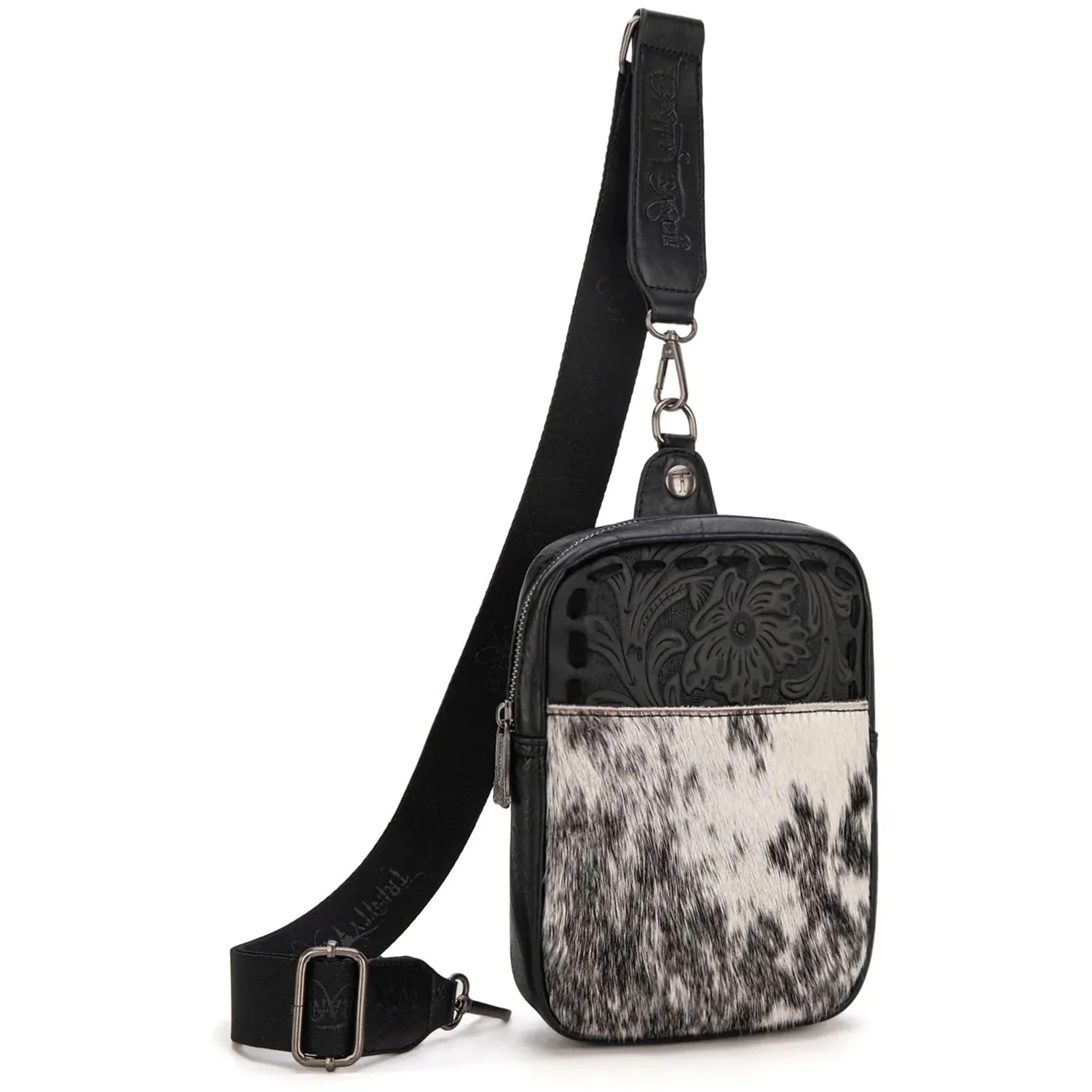 Trinity Ranch - Womens Genuine Hair-On Cowhide Tooled Sling Bag