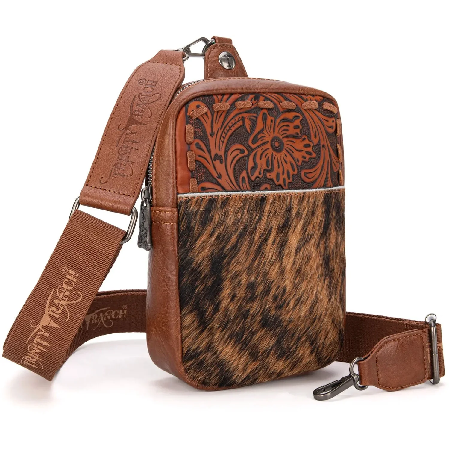 Trinity Ranch - Womens Genuine Hair-On Cowhide Tooled Sling Bag - Image 2