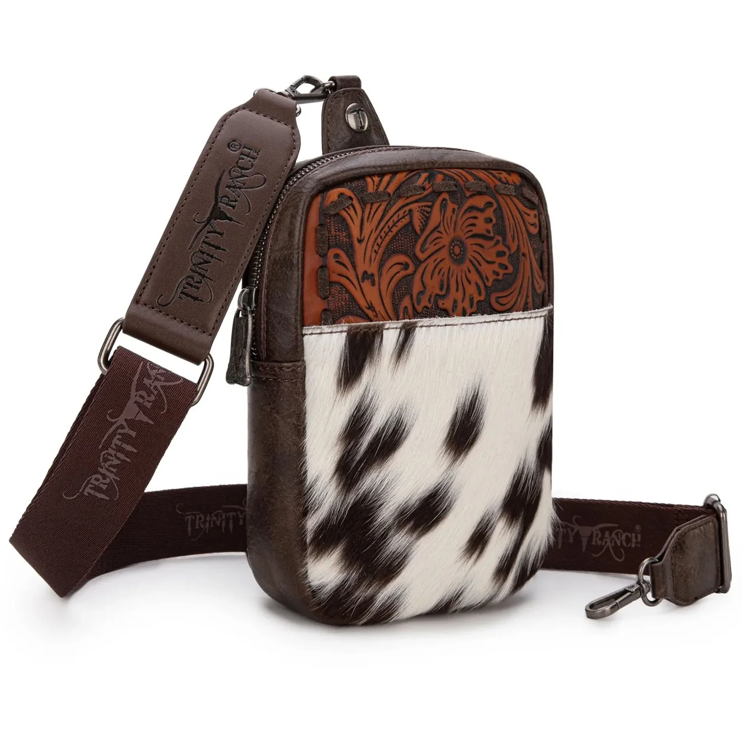 Trinity Ranch - Womens Genuine Hair-On Cowhide Tooled Sling Bag - Image 3