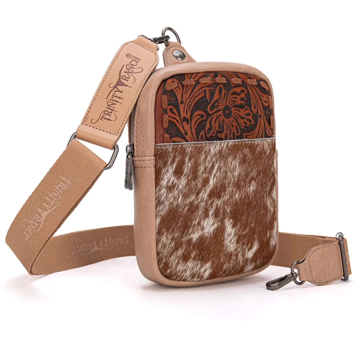 Trinity Ranch - Womens Genuine Hair-On Cowhide Tooled Sling Bag - Image 5