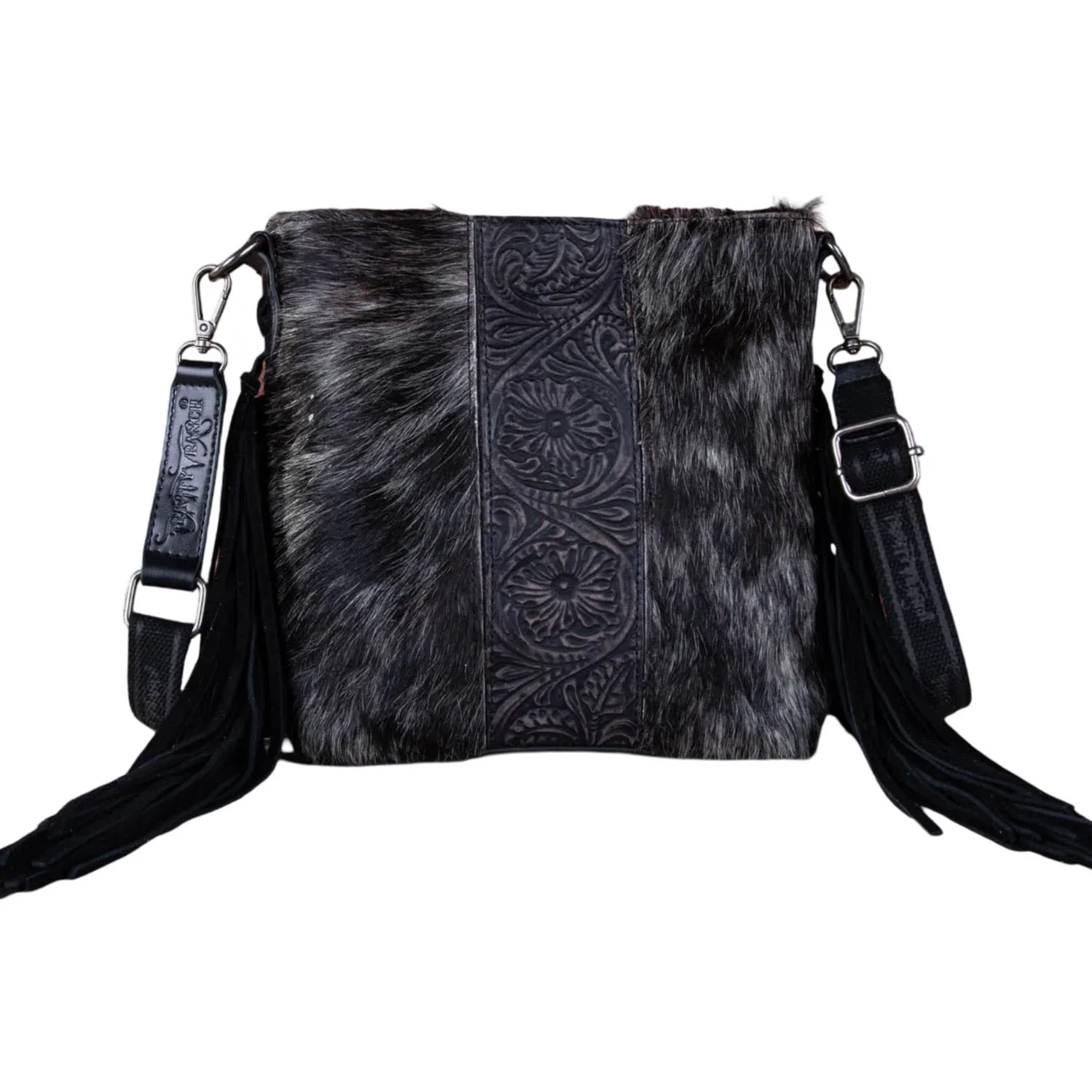 Trinity Ranch - Womens Hair-On Cowhide/Tooled Fringe Concealed Carry Crossbody Bag