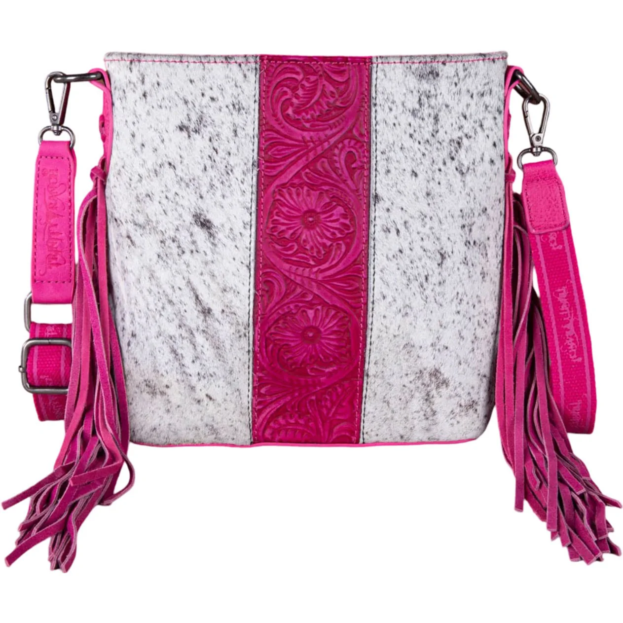 Trinity Ranch - Womens Hair-On Cowhide/Tooled Fringe Concealed Carry Crossbody Bag - Image 2