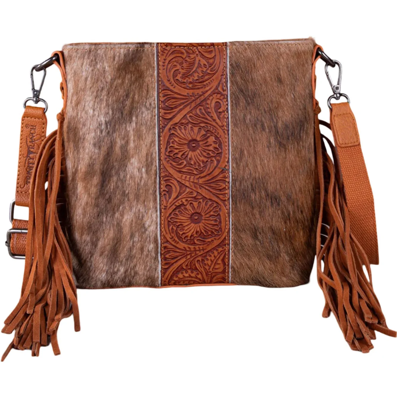 Trinity Ranch - Womens Hair-On Cowhide/Tooled Fringe Concealed Carry Crossbody Bag - Image 3