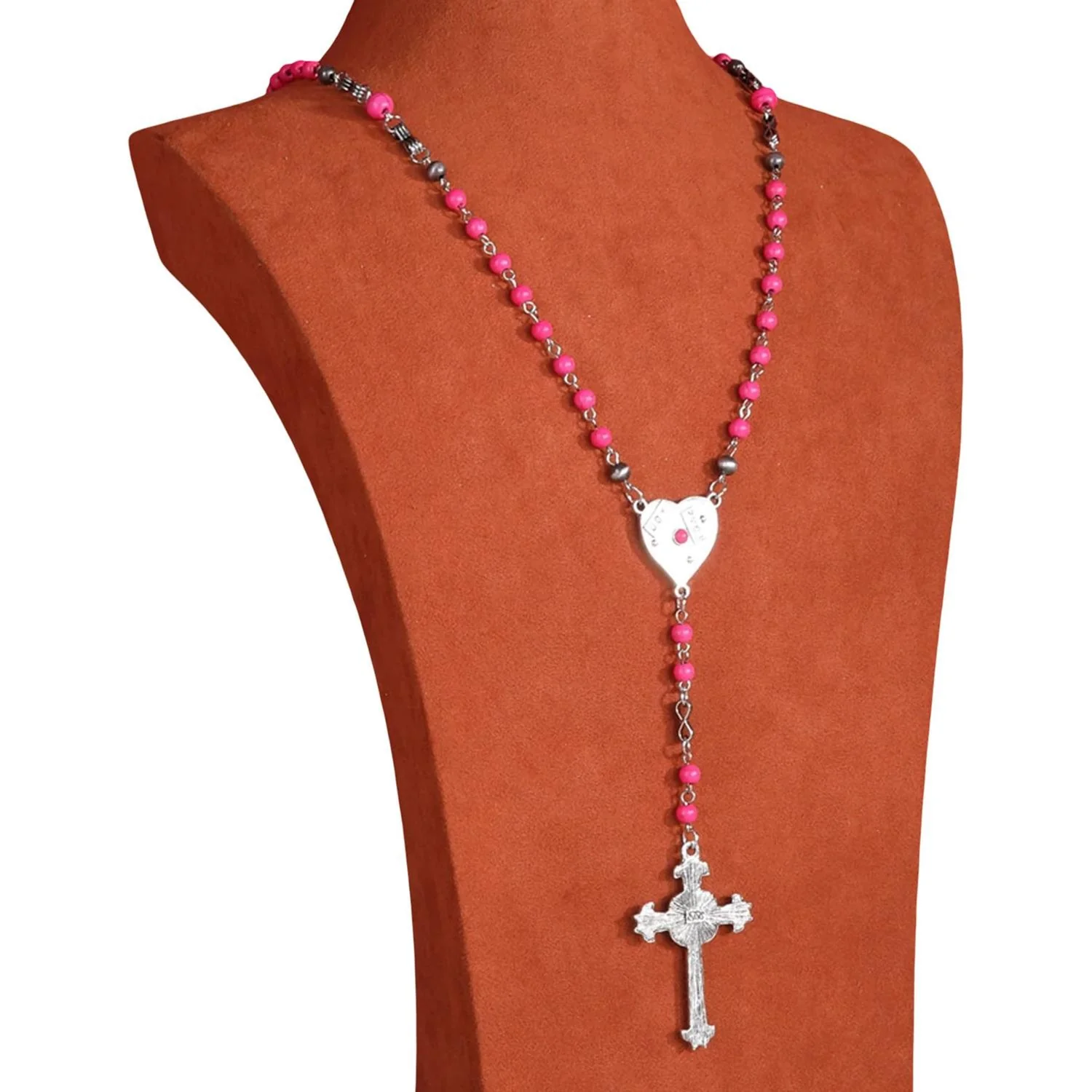 Womens Beaded Heart Shape Cross Pendant Necklace