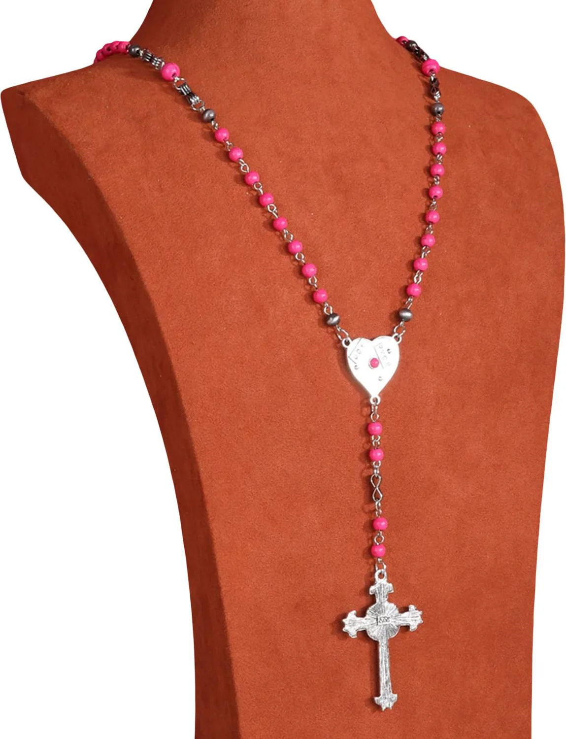 Womens Beaded Heart Shape Cross Pendant Necklace - Image 4