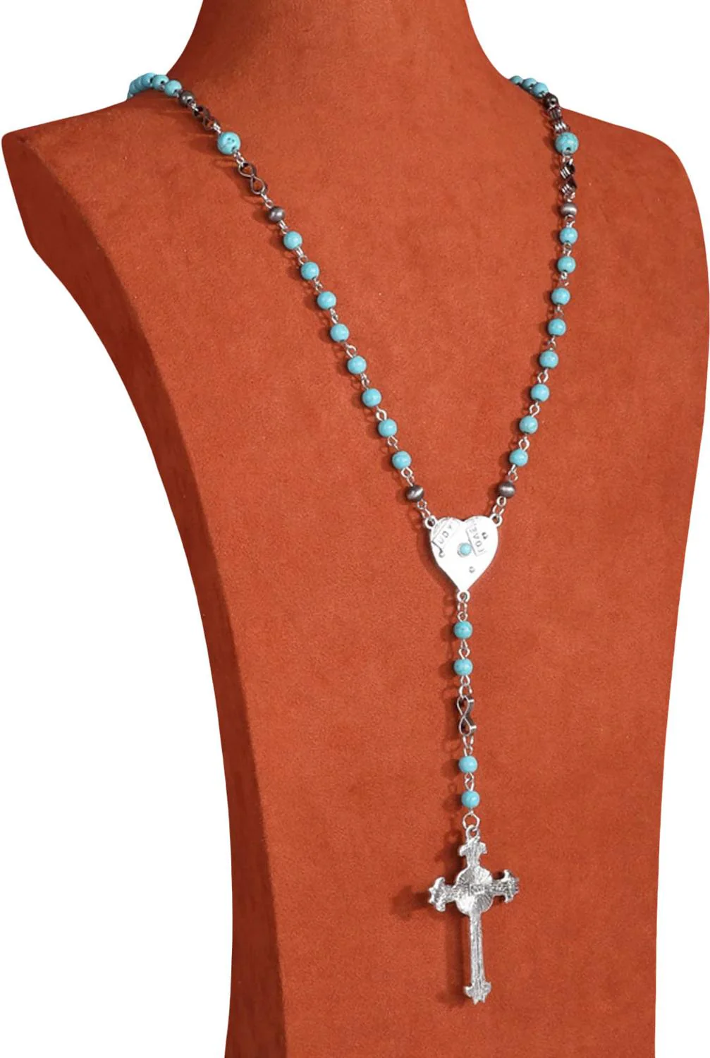 Womens Beaded Heart Shape Cross Pendant Necklace - Image 5