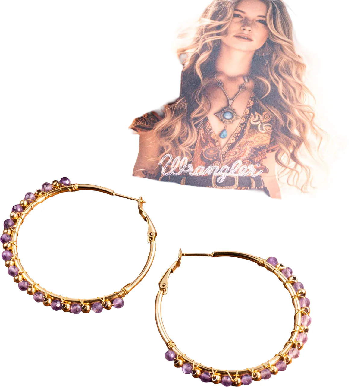 Wrangler - Womens 14K Gold Plated Natural Stone Hoop Earrings - Image 2